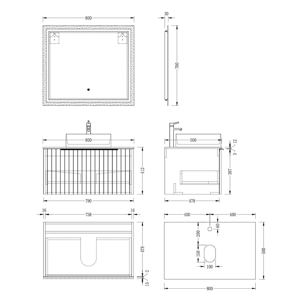 Discovery Dark Grey Fluted Vanity - 800mm